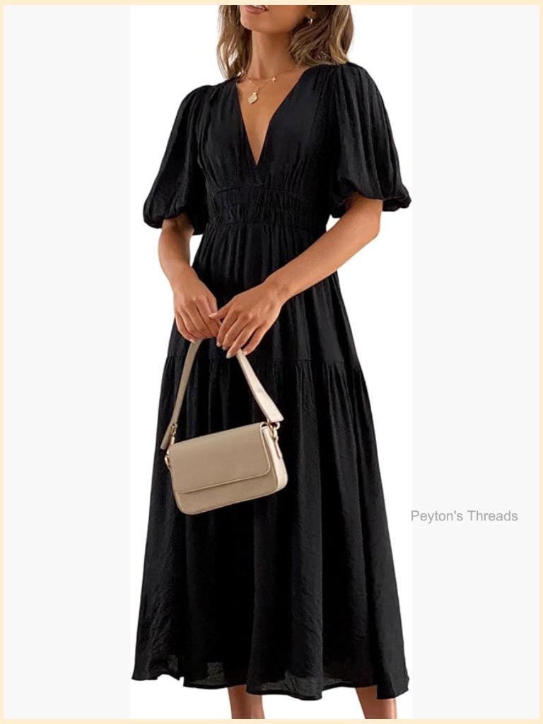 Puff Sleeve Deep V Neck Elastic Waist A Line Tiered Midi Dress